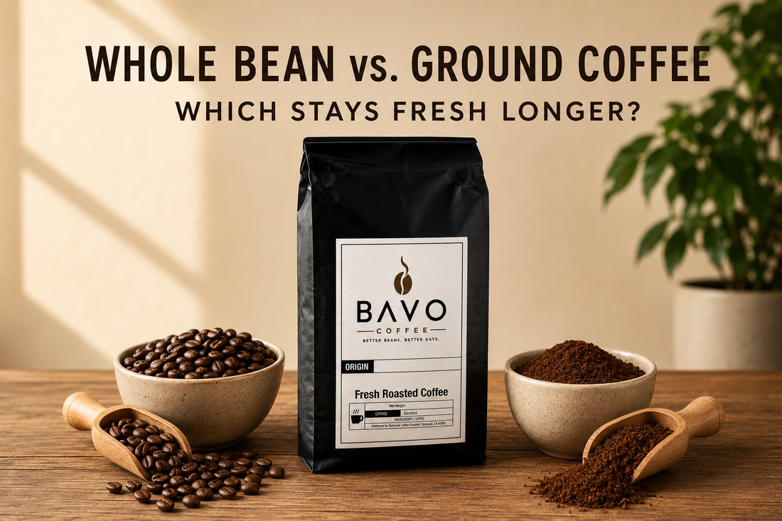 Whole bean and ground coffee comparison with BAVO Coffee bag