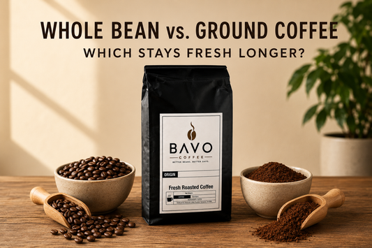 Whole bean and ground coffee comparison with BAVO Coffee bag