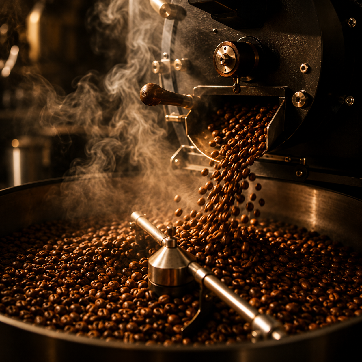 Freshly roasted coffee beans pouring from a commercial coffee roaster