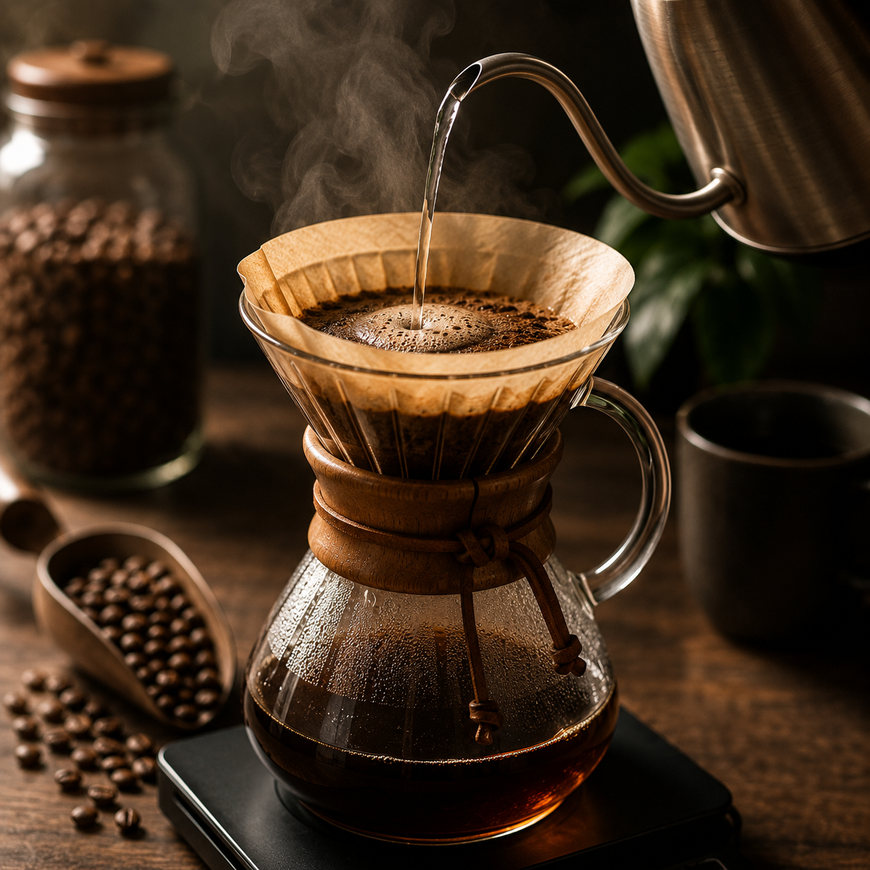 Pour-over coffee brewing with hot water, coffee beans, and a glass carafe